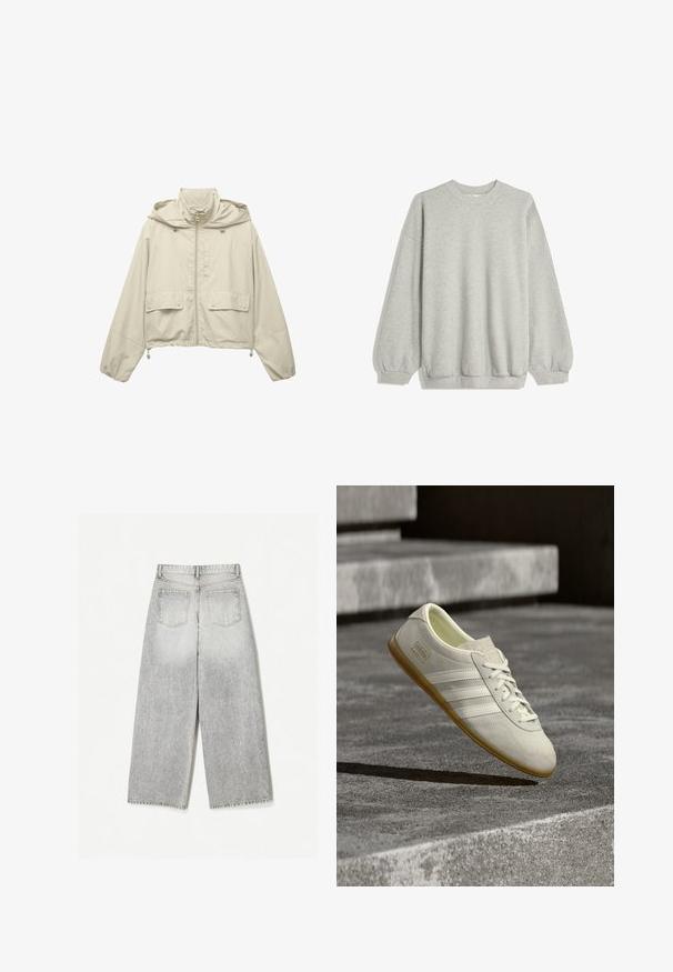 Veste courte beige clair, en matériau léger, avec une fermeture éclair à l'avant, une capuche, deux poches avant et des cordons de serrage ajustables à l'ourlet.; Sweatshirt gris en tissu doux, avec un col rond, des manches longues à poignets élastiques et une coupe décontractée. Pas de motifs ni d'accents.; Jean en denim gris à jambes larges avec une finition délavée, présentant deux poches arrière et un ourlet brut.; Baskets en daim blanc avec trois bandes blanches texturées, une semelle en caoutchouc couleur gomme, et un logo doré sur le côté, présentant un design minimaliste.