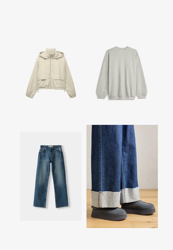 Giacca croppata beige chiaro, realizzata in materiale leggero, con zip frontale, cappuccio, due tasche anteriori e cordini regolabili all'orlo.; Felpa grigia realizzata in morbido tessuto, caratterizzata da un collo tondo, maniche lunghe con polsini elastici e una vestibilità rilassata. Senza motivi né decorazioni.; Jeans in denim blu con un design a gamba dritta, chiusura con bottone, cinque tasche e zone sbiadite. Il materiale sembra robusto con una finitura testurizzata.; Jeans in denim a gamba larga con orlo sfilacciato, dotati di un risvolto in denim chiaro a contrasto. Abbinati a stivali in suede grigi con suola spessa.