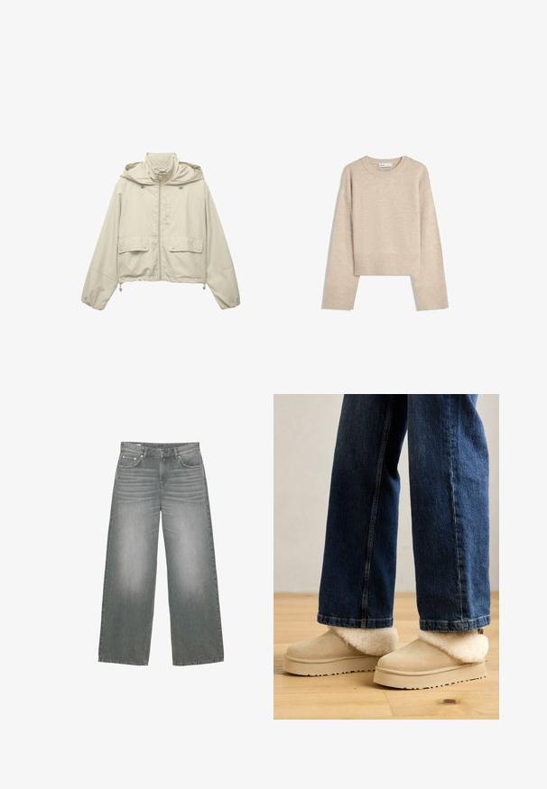 Lichtbeige cropped jack, gemaakt van lichtgewicht materiaal, met een rits aan de voorkant, capuchon, twee voorzakken en verstelbare koorden aan de onderkant.; Beige cropped sweater gemaakt van zacht breimateriaal. Heeft een ronde halslijn, lange mouwen en geribde boorden en onderkant voor extra textuur.; Grijs denim jeans met brede pijpen, voorzien van een licht vervaagde textuur, vijf zakken en een klassieke knoop- en ritssluiting.; Beige suède enkellaarzen met een pluche, crèmekleurige bontkraag. Platte zool met een gestructureerd oppervlak, gecombineerd met donkerblauwe wijde jeans.