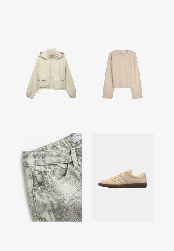Lys beige cropped jakke, lavet af letvægtsmateriale, med lynlås fortil, hætte, to forlommer og justerbare snore i kanten.; Beige cropped sweater lavet af blød strik. Har rund halsudskæring, lange ærmer samt ribbede manchetter og kant for ekstra tekstur.; Straight-leg jeans i et grå- og hvidt dyreprintmønster. Har metaltilbehør og et klassisk fem-lomme design.; Beige ruskinds sneakers med tre sølvstriber, flad brun gummisål, rund tå og minimalistisk design.