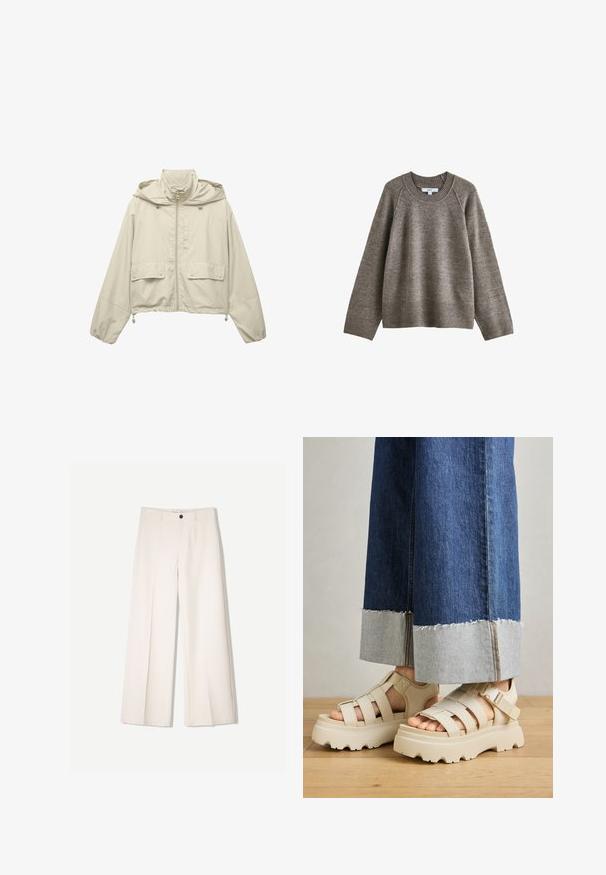 Vaalean beige cropped-takki, joka on valmistettu kevyestä materiaalista. Takissa on vetoketjulla suljettava etuosa, huppu, kaksi etutaskua ja säädettävät nyörit helmassa.; Ruskea neulepaita, jossa on pyöreä pääntie, ribbaavat hihansuut ja helma. Ominaisuuksina rento istuvuus ja teksturoitu kangas. Etiikka näkyy kauluksessa.; Kerman leveletut housut räätälöidyllä designilla, joissa on kaksi etutaskua ja yksi etunapituksilla, valmistettu sileästä kankaasta.; Beige platform-sandaalit paksuilla pohjilla, joissa on hihnallinen muotoilu ja säädettävät nilkkahihnat. Yhdistettyinä leveälahkeisiin farkkuihin, joiden yksi helma on revitty.