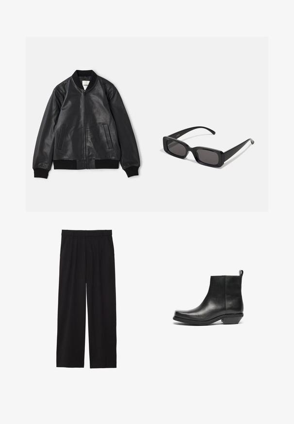 Crna kožna bomber jakna s prednjim zatvaračem, rebrastim ovratnikom, manžetama i pojasom, te dvije vertikalne uske džepove na bijeloj pozadini.; Bijela pamučna majica s okruglim izrezom, kratkim rukavima i opuštenim krojem. Ima jednostavan dizajn bez uzoraka ili akcenta.; Crne široke hlače s nabranim prednjim dijelom, bočnim džepovima i glatkom teksturom tkanine. Dizajnirane za opušteni kroj.; Crne kožne gležnjače s sužetim prstom i niskim blok-petama. Elegantnog dizajna s glatkom teksturom i trakom za lako oblačenje.; Crne pravokutne sunčane naočale s tamnim lećama, sjajnim završetkom, širokim drškama i masivnim okvirom. Ugraviran naziv branda na jednoj dršci.; Crna torba za poruke napravljena od izdržljivog materijala, s preklopom, podesivim remenom za rame i logom sprijeda.