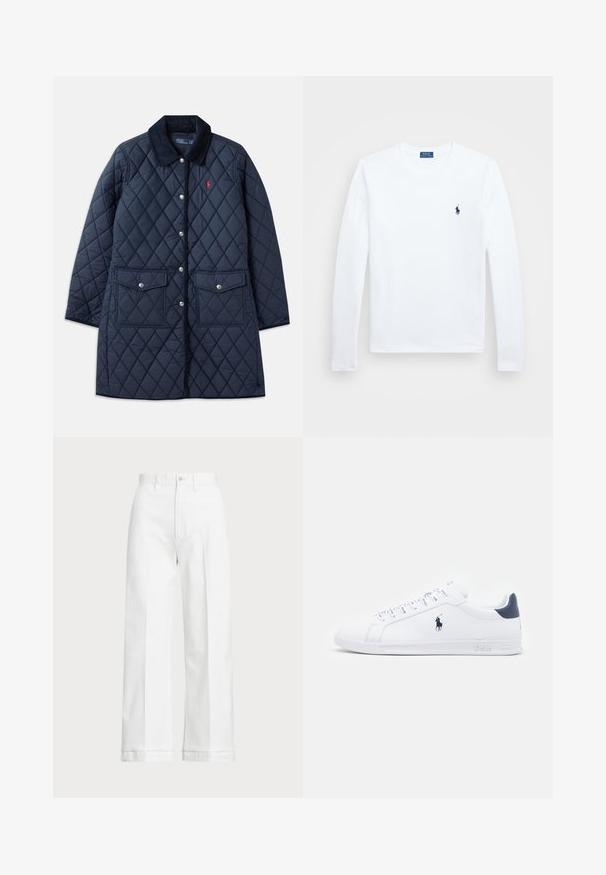 Casaco de acolchoado azul-marinho com padrão de diamante, gola de algodão, botões de pressão, dois bolsos frontais e um pequeno logótipo vermelho no lado esquerdo do peito.; Camisa de manga longa branca, em material de algodão, com decote redondo, apresentando um pequeno logótipo azul-marinho no lado esquerdo do peito. Design simples, ajuste regular.; Calças brancas de perna larga com uma cintura alta, apresentando um fecho de botão e detalhes de costura discreta. Feitas de algodão com uma textura suave.; Tenis brancos de couro com um acabamento suave, detalhes em azul marinho e um pequeno logotipo na lateral. Possui atacadores planos e sola de borracha texturizada.