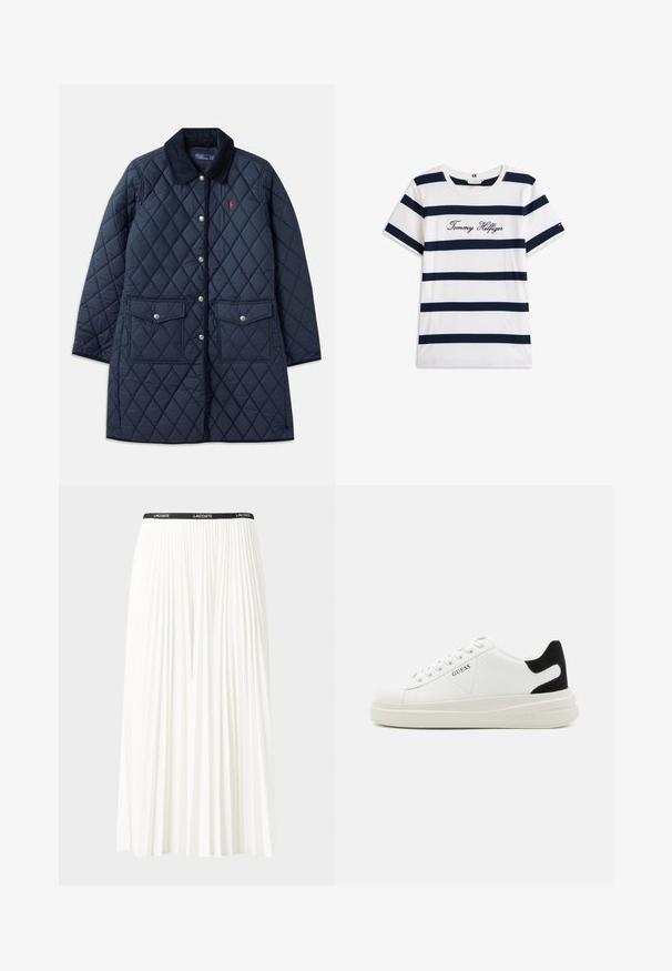 Námořnický prošívaný kabát s diamantovým vzorem, kordovým límcem, cvokovými knoflíky, dvěma předními kapsami a malým červeným logem na levé hrudi.; Bavlněné tričko s horizontálními námořnickými pruhy na bílém pozadí. Na hrudi je výšivka "Tommy Hilfiger" v kurzívě. Kulatý výstřih.; Záhybová bílá sukně s černým elastickým pasem s logem "LACOSTE". Suška je střední délky a má jemnou texturu.; Bílé kožené tenisky s tlustou bílou podrážkou, černým semišovým akcentem na patě a vyraženým logem na boku. Šněrovací design se šesti očka.