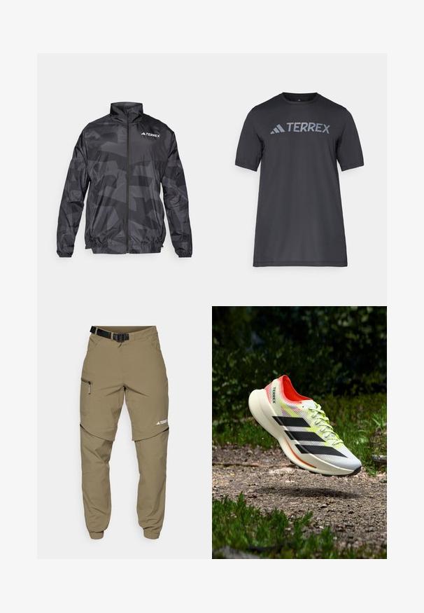 Mustat, kevyet tuulitakit, joissa on matta pinta, vetoketjukiinnitys, korkea kaulus ja hienovarainen geometrinen kuvio. Varustettu Terrex-logolla.; Musta lyhythihainen t-paita kevyestä kankaasta, jossa on vaaleanharmaa "TERREX" -logo rinnassa ja pyöreä kaula-aukko.; Beiget ulkoilu housut vyöllä, vetoketjullisilla sivutaskuilla ja joustavilla lahkeensuilla. Varustettu irrotettavalla osalla monipuolisuutta varten ja sileällä pinnalla.; Kevyt juoksukenkä valkoisena, mustilla raidoilla, punaisilla yksityiskohdilla ja keltaisilla nauhoilla; siinä on teksturoitu päällinen ja pehmustettu pohja.