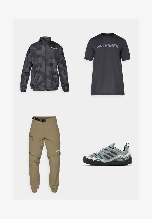 Svart lättvikts jacka med vindtät funktion och matt yta, dragkedjestängning, hög krage och subtil geometrisk mönstring. Utrustad med Terrex-logotyp.; Svart kortärmad t-shirt gjord av lätt tyg, med en ljusgrå "TERREX"-logotyp över bröstet och rund halsringning.; Kaki utomhusbyxor med justerbart svart bälte, fickor med dragkedja, avsmalnande ärmslut och avtagbara nedre ben för mångsidig stil.; Grå klätterskor med entexturerad ovandel, svart gummikåpa på tån, tre mörka ränder och en liten röd accent på sulan.