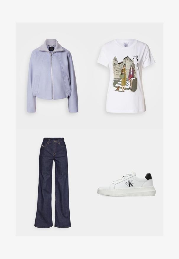 Jachetă scurtă de culoare lila deschisă, realizată dintr-un material moale, având un guler înalt, închidere cu fermoar și două buzunare frontale cu un design simplu.; T-shirt alb din bumbac, cu o ilustrație imprimată ce înfățișează două femei în stiluri de modă urbană, alături de un câine pe o trecere de pietoni și clădiri ale orașului.; Blugi taille mare, de culoare albastru închis, din material denim, cu croială largă, cu cusături portocalii, design cu cinci buzunare și închidere cu nasture.; Adidași albi cu glezna joasă, cu tab-ul de călcâi negru, talpă platformă, șireturi și logo-ul "CK" de la Calvin Klein pe lateral.