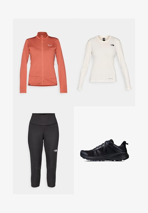Damen Reißverschlussjacke in Koralle, aus strukturiertem Stoff. Mit hohem Kragen, langen Ärmeln und zwei seitlichen Taschen. Weißes Logo auf der Brust.; The North Face SHADOW LONG SLEEVE - Langarmshirt - white dune; Schwarze Capri-Leggings aus dehnbarem Stoff mit einem hohen Bund und einem kleinen weißen Logo auf der linken Seite. Glatte Textur.; Schwarzer Trailrunning-Schuh mit einem Obermaterial aus Mesh und Gummisohle. Mit strukturierten Überzügen, verstärkter Zehenkappe und Markenlogo an der Ferse.