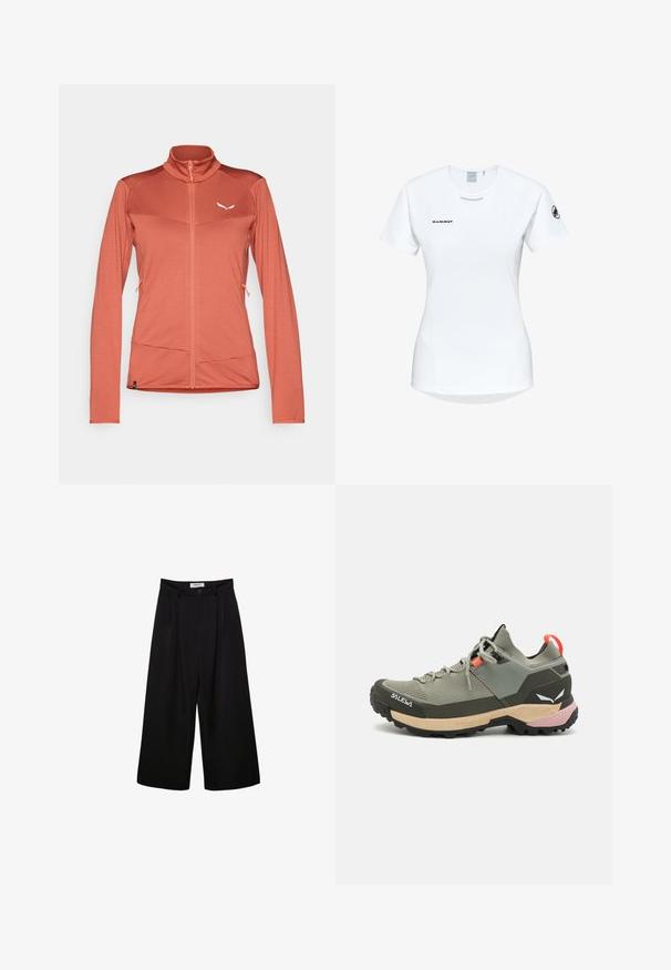 Women's zip-up jacket in coral, made of textured fabric. Features a high collar, long sleeves, and two side pockets. White logo on chest.; Short-sleeve white athletic shirt with a round neckline, featuring a logo on the chest and a smooth, lightweight fabric texture.; Black wide-leg trousers with a high waist, pleated front, and button closure. Made from smooth fabric with a tailored design.; Lightweight green hiking shoe with mesh and rubber materials, black traction outsole, pink and orange accents, and reinforced toe cap.