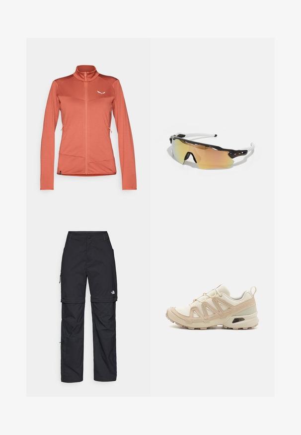 Women's zip-up jacket in coral, made of textured fabric. Features a high collar, long sleeves, and two side pockets. White logo on chest.; Black long-sleeve t-shirt made of cotton with a round neck. Features a small white logo on the left chest area. Simple design and fit.; Black nylon zip-off cargo trousers with adjustable cuffs, multiple pockets, and a logo on the right leg. Smooth, lightweight texture.; Beige and cream athletic shoe with textured mesh upper, supportive overlays, and rubber outsole featuring a tread pattern for traction.; Sunglasses with a black and white frame, large mirrored lenses in gold and pink hues, aerodynamic design, and an extended outer rim.