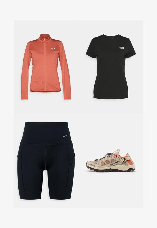 Kvinders lynlåsjakke i koralfarve, lavet af struktureret stof. Har en høj krave, lange ærmer og to sidelommer. Hvidt logo på brystet.; Sort bomulds T-shirt med rund halsudskæring og korte ærmer. Bemærkelsesværdig hvid logo på øverste venstre side. Glat tekstur, afslappet pasform.; Sorte højtaljede atletiske shorts lavet af strækbart materiale; har sidelommer og et lille Nike-logo på taljen.; Beige mesh atletik sko med sorte og orange accenter, udstyret med et hurtiglåsesystem, robust sål med greb og polstret hælunderstøttelse.