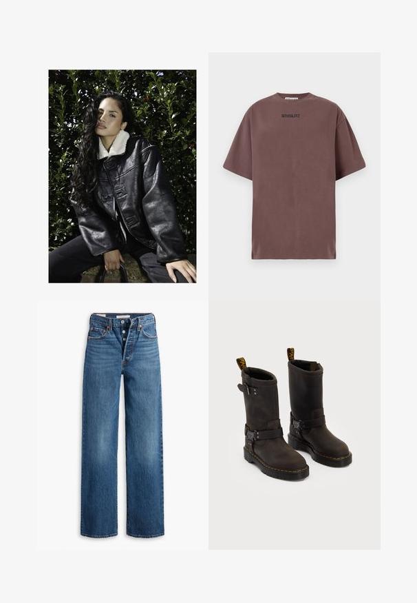 Svart konstläderjacka med vit fårskinnskrage, oversized passform, stora knappar och texturerad yta. Bärs med mörk denim, mot en grön bakgrund.; Brun bomull T-shirt med en avslappnad passform, rundat halsringning och korta ärmar. Har svart text "STIEGLITZ" på bröstet. Slät textur.; Blå denimjeans med bred bendesign, fem fickor, knappgylf och kontrasterande sömmar. Texturerad tyg med en blekt finish.; Mörkbruna läderstövlar med medellång design, gula sömmar, justerbara spännband och dragflikar upptill. Texturerad yta.