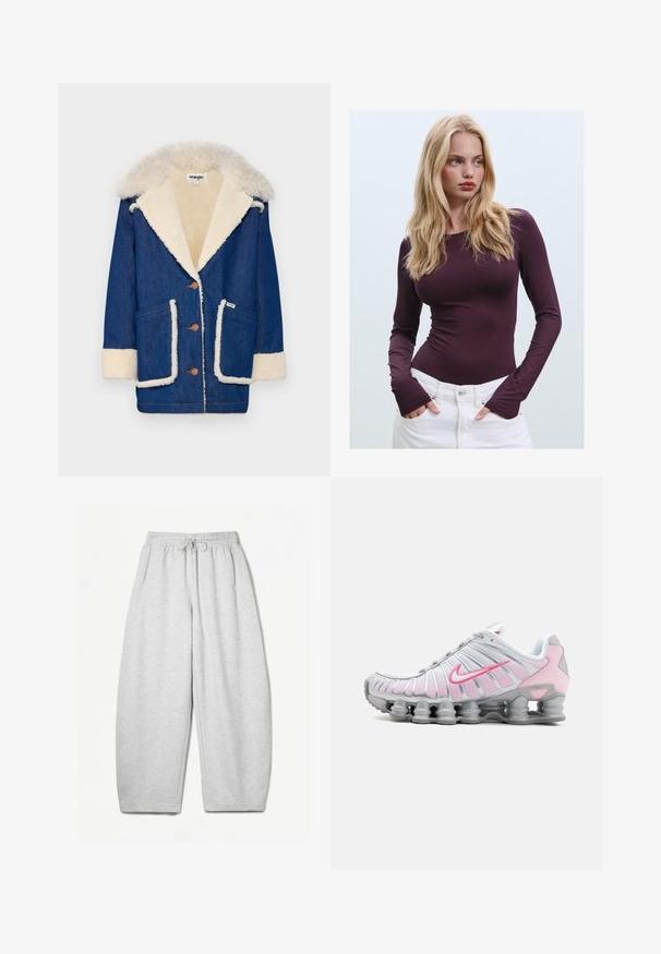 Denim kaput s kremastim umjetnim ovčjim krznom unutrašnjosti i ovratnikom. Ima četiri gumba, dva prednja džepa i oznaku sa strane.; Burgundska majica dugih rukava s uskim krojem, okruglim izrezom i otvorima za palčeve, u kombinaciji s bijelim hlačama visokoga struka. Glatka tkanina i rastezljiv materijal.; Svijetlosivi dukserica s opuštenim krojem, elastičnim pojasom, vezicom i bočnim džepovima; izrađeni od mekanog, teksturiranog materijala.; Nike atletska obuća u bijeloj i svijetlosmešanoj boji. Ima mrežasti gornji dio i karakterističnu zakrivljenu potplat s vidljivim zračnim jastučićima.