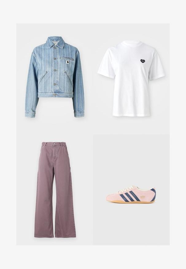Lichtblauwe denimjas met verticale strepen, verkorte snit, metalen knopen, twee zijzakken en een borstzak met logo-opdruk.; Witte T-shirt met korte mouwen, gemaakt van katoen, met een klein zwart hartvormig logo op de linkerborst.; Brede broek van katoen in stofachtig mauve, met een sluiting aan de voorkant met knopen, zijzakken en gestiksel langs de naden.; Lichtroze sneaker van suede met marineblauwe strepen en accenten. Voorzien van een lichtcrème tong en veters, met een rubberen zool van gum.