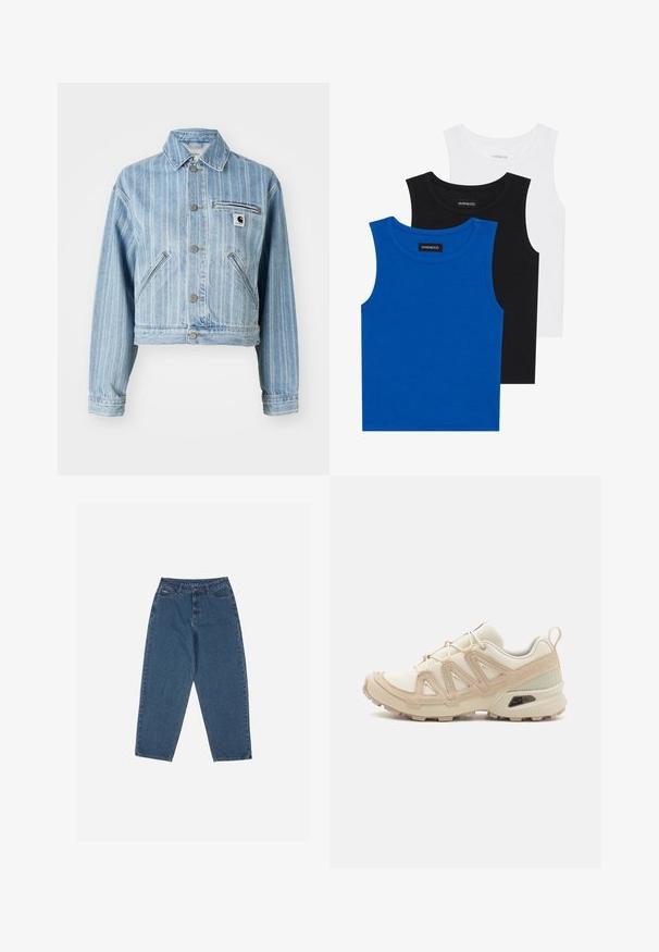 Világoskék farmerdzseki, függőleges csíkokkal, cropped fazon, fémből készült gombokkal, két oldalsó zsebből és egy logós mellzsebből áll.; Három ujjatlan póló kék, fekete és fehér színben. Az anyaga bordázott, kerek nyakkivágással. Minden pólón egy "even&odd" feliratú címke található.; Kék farmernadrág, laza szabással, magas derékkal, öt zsebes kialakítással és varrási díszítésekkel. Gombos és cipzáros záródással rendelkezik.; Beige és krém színű sportcipő, texturált hálós felsőrésszel, támogató burkolattal és gumitalppal, amely tapadás érdekében bordázott mintázattal rendelkezik.