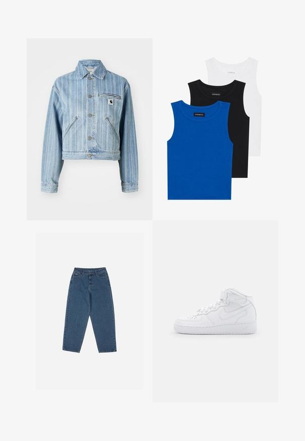 Jasnoniebieska dżinsowa kurtka z pionowymi paskami, skrócony fason, metalowe guziki, dwie boczne kieszenie oraz kieszeń na piersi z naszywką z logo.; Trzy bezrękawniki w kolorach niebieskim, czarnym i białym. Materiał to prążkowana tkanina z okrągłym dekoltem. Każdy top ma metkę z napisem "even&odd."; Niebieskie dżinsy o luźnym kroju, wysoki stan, pięć kieszeni i akcenty przeszycia. Posiadają zapięcie na guzik i zamek błyskawiczny.; Białe sneakersy za kostkę wykonane ze skóry z wyściełanym kołnierzem, perforowanym noskiem, sznurówkami i regulowanym paskiem wokół kostki; logo po boku.