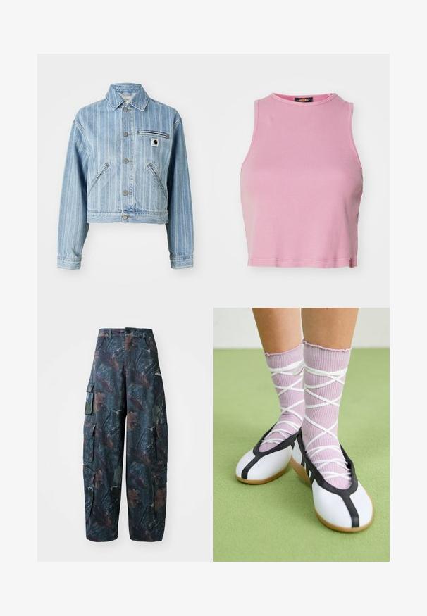 Gai zila džinsu jaka ar vertikālām svītrām, īsā dizainā, metāla pogām, divām sānu kabatām un krūšu kabatu ar logotipa uzšuvumu.; Rozā ribota krekla virsotne ar apaļu kakla izgriezumu un bez piedurknēm. Aprīkota ar apakšmalu, kas beidzas tieši virs jostas.; Tums cargo bikses tumši zaļā un brūnā krāsā ar vairākiem kabatām un brīvu piegriezumu, izgatavotas no viegla, izturīga auduma.; Baltas plakans kurpes ar melniem akcentiem un zoli, saskaņoti ar gaiši violetām ribotām zeķēm ar baltām krustveida siksnām. Iestatīts zaļā fona.