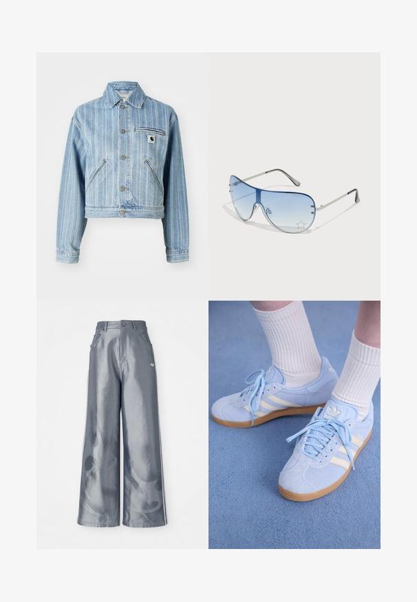 Šviesiai mėlyna džinsinė striukė su vertikaliomis juostelėmis, trumpas dizainas, metalinės sagos, dvi šoninės kišenės ir krūtinės kišenė su logotipo žyme.; Mėlynos ir juodos juostelės per didelis marškinis su viena peties iškirpte, ant kurios yra baltas užrašas ir trys baltos juostelės ant rankovės.; Plačios kelnės iš blizgaus pilko medžiagos, su baltomis šoninėmis juostelėmis ir liepsnos raštu apatinėje dalyje. Mygtuko ir užtrauktuko uždarymas juosmens srityje.; Šviesiai mėlyni zomšiniai sportbačiai su baltais dryžiais, plokščiomis raištelėmis ir guminiais padais. Virš kulkšnies dėvimos raukšlėtos baltos kojinės.; Aviatoriai akiniai su gradientiniais mėlynais objektyvais, sidabriniu metaliniu rėmu ir dekoratyvinėmis žvaigždžių akcentais ant objektyvų. Lygaus ir stilingo dizaino.