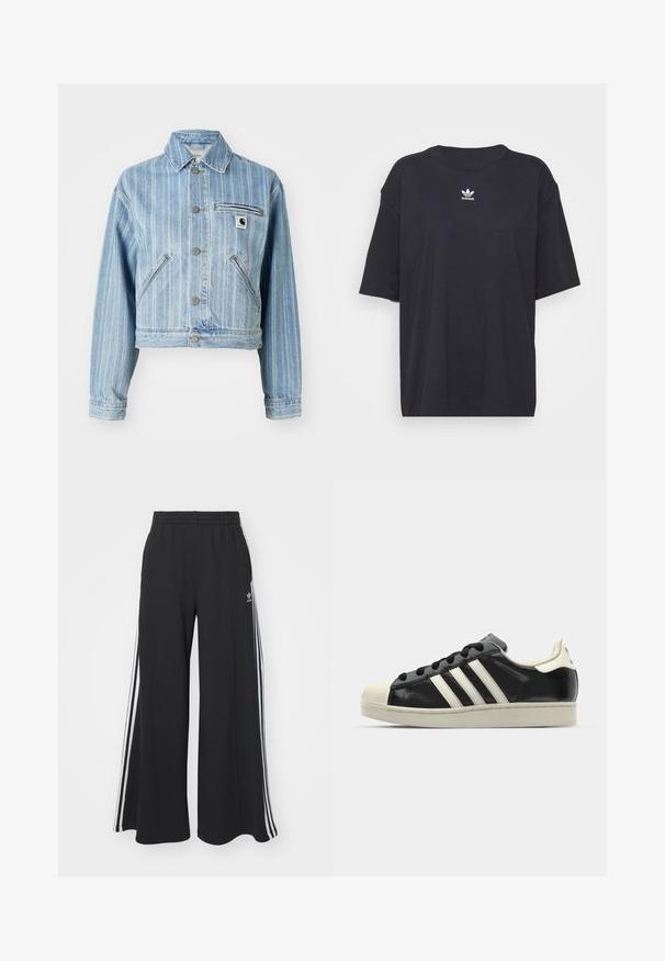 Lys blå denimjakke med vertikale striber, cropped design, metalknapper, to sidelommer og en brystlomme med logo-patch.; Sort bomulds t-shirt med korte ærmer, rund halsudskæring, med et hvidt Adidas-logo på brystet. Enkel design, afslappet pasform.; Sorte brede sweatpants med elastisk talje, med hvide sidelommer og et broderet logo på venstre lår.; Sort lædersneakers med hvide striber, gummitåkap, sorte snørebånd og en cremefarvet ydersål. Glat tekstur med blank overflade.