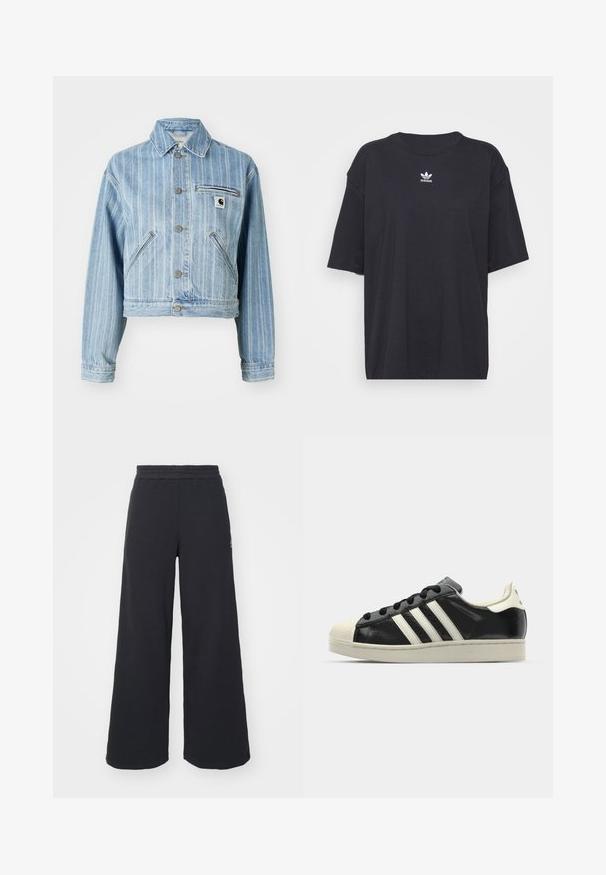 Vaaleansininen farkkutakki, jossa on pystysuorat raidat, lyhennetty muoto, metallinapit, kaksi sivutaskua ja rintatasku, jossa on logopatchi.; Musta puuvillapaita lyhyillä hihoilla, pyöreä pääntie, jossa on valkoinen Adidas-logo rinnassa. Yksinkertainen muotoilu, rento istuvuus.; Mustat leveät collegehousut, jotka on valmistettu pehmeästä kankaasta. Niissä on elastinen vyötärö ja pieni logo vasemmalla puolella.; Musta nahkasneakeri, jossa on valkoiset raidat, kuminen varvassuoja, mustat nauhat ja kermaisa ulkopohja. Suora pinta ja kiiltävä viimeistely.