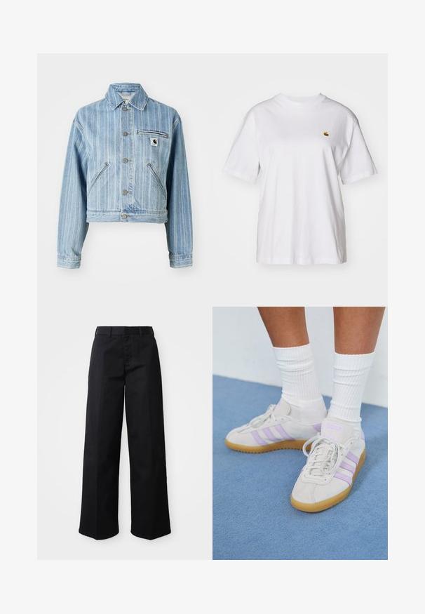 Light blue denim jacket with vertical stripes, cropped design, metal buttons, two side pockets, and a chest pocket with logo patch.; White cotton t-shirt with a relaxed fit, short sleeves, and a small embroidered logo on the left chest area.; Black wide-leg pants made of soft cotton fabric. Features a classic waistband, side pockets, and a straight cut to the hem.; Light gray suede sneakers with three lilac stripes, gum rubber sole, flat laces, and white ribbed socks. Set against a blue background.