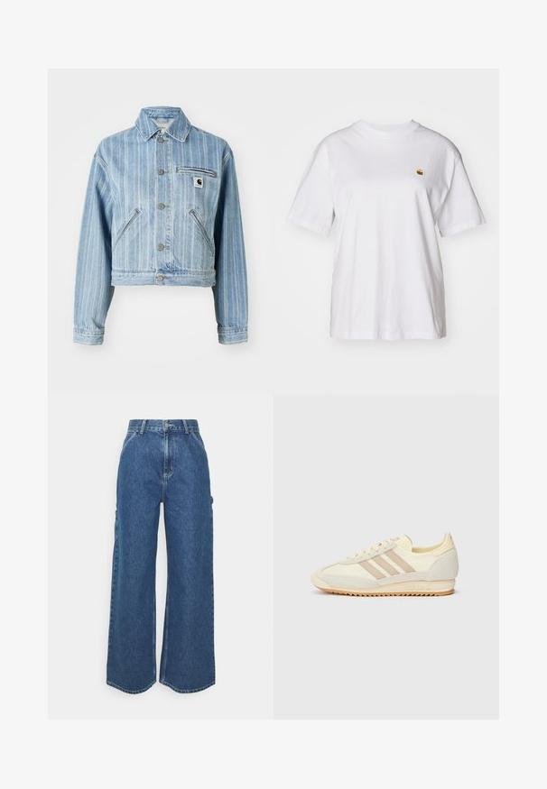 Lys blå denimjakke med vertikale striber, cropped design, metalknapper, to sidelommer og en brystlomme med logo-patch.; Hvid bomulds-t-shirt med en afslappet pasform, korte ærmer og et lille broderet logo på venstre brystområde.; Bredde ben blå denimbukser med høj talje, kontrastsyede sømme og sidelommer, med et klassisk fem-lomme design og rå kanter.; Creme atletisk sneakers med tre beige striber, lavet af ruskind og tekstilmaterialer, en struktureret sål og prægede mærker på hælen.