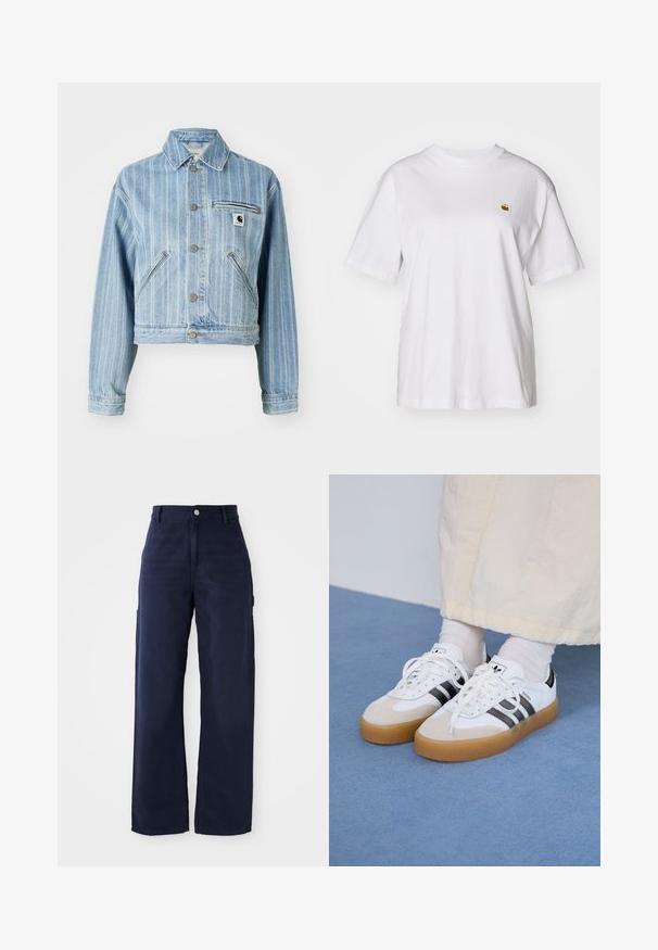 Light blue denim jacket with vertical stripes, cropped design, metal buttons, two side pockets, and a chest pocket with logo patch.; White cotton t-shirt with a relaxed fit, short sleeves, and a small embroidered logo on the left chest area.; Navy blue wide-leg cargo pants with a sturdy cotton fabric, featuring side pockets and a button closure at the waist.; White sneakers with black stripes and beige suede accents. Feature a textured gum sole and flat white laces, worn with light-colored socks.