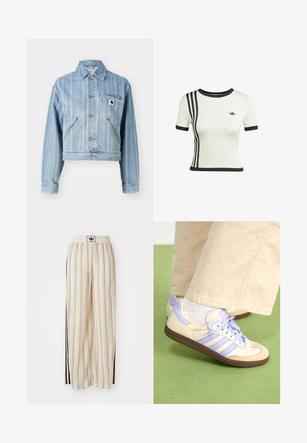 Chaqueta de denim azul claro con rayas verticales, diseño corto, botones de metal, dos bolsillos laterales y un bolsillo en el pecho con parche de logo.; Camiseta de punto blanca con cuello y puños de canalé negros. Presenta tres rayas verticales negras en el lado izquierdo y un pequeño logo negro.; Pantalones de pierna ancha en color crema con un patrón en zigzag, que cuentan con una cinturilla con logo negro y franjas negras en los laterales. Tejido ligero y texturizado.; Zapatillas de crema y lavanda con tres rayas y una suela marrón texturizada, que cuentan con cordones y un talón acolchado. Parte superior de tela suave.