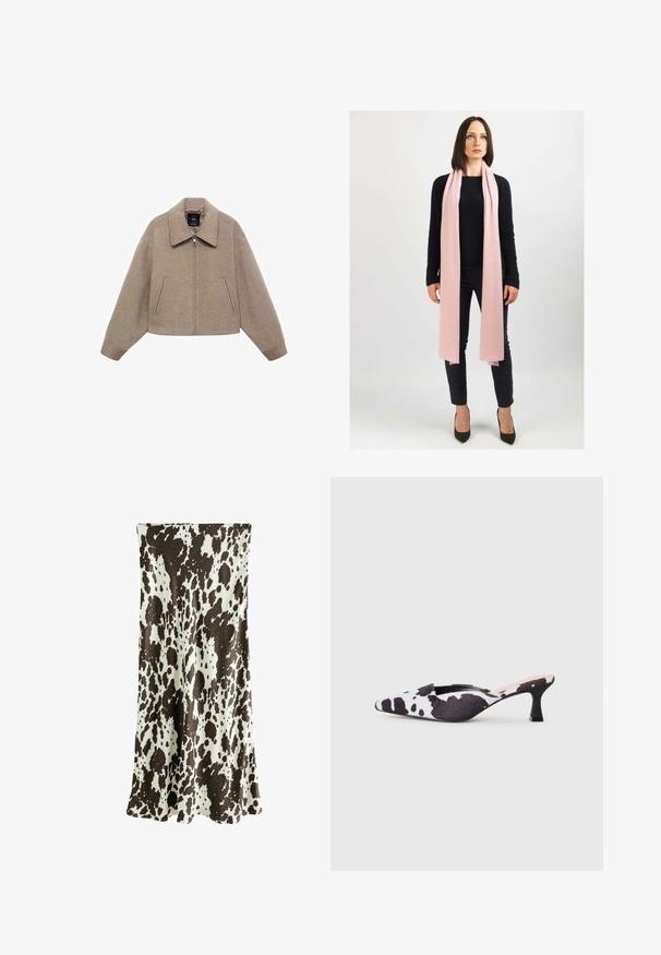 Lyhennetty beige villatakki, jossa on suuri kaulus, edessä vetoketju ja kaksi sivutaskua; siinä on pehmeä tekstuuri ja minimalistinen muotoilu.; Lyhythihainen neulepusero kerma Beige, jossa on ruskea abstrakti printti. Ribatut pyöreät pääntie ja hihansuut, pehmeä rakenne, rento istuvuus.; Pitkä hame, joka on valmistettu sileästä kankaasta ja jossa on ruskea-valkoinen lehmäkuvio, jossa on virtaava muotoilu ja hieman levenevä helma.; Korkokenkä, jossa on terävä kärki ja kantapää, mustavalkoisessa lehmäkuosisessa muotoilussa. Kangaspinta, jossa on teksturoitu pinta ja ohut musta korko.; Vaaleanpunainen huivi pehmeää materiaalia, roikkuvana löysästi kaulalla. Yhdistetty mustaan neuleeseen ja tummiin housuihin. Korkeakorkoiset kengät viimeistelevät asun.