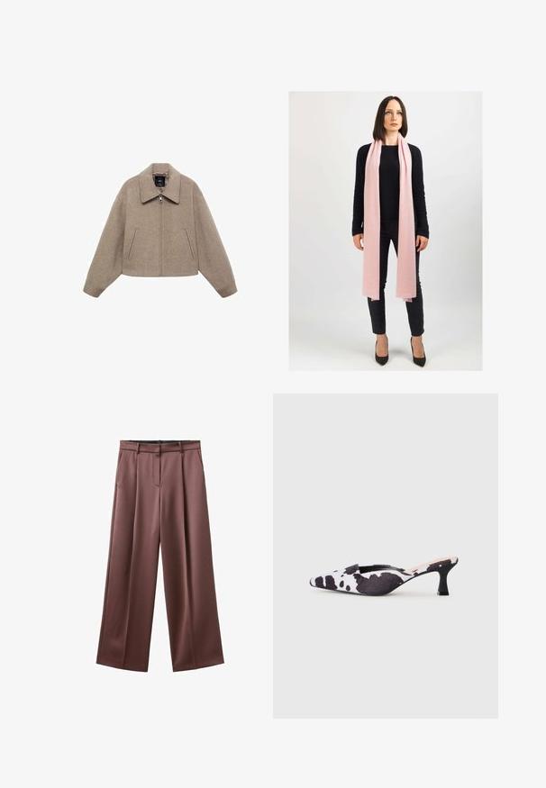 Skrócona, beżowa wełniana kurtka z dużym kołnierzem, przednim zamkiem błyskawicznym i dwoma bocznymi kieszeniami; wyróżnia się miękką fakturą i minimalistycznym designem.; Sweter z krótkim rękawem w kolorze kremowym, z brązowym abstrakcyjnym wzorem. Żebrowany okrągły dekolt i mankiety, miękka tekstura, luźny krój.; Spodnie o szerokich nogawkach w ciemnobrązowym materiale o gładkiej teksturze, z przodu plisami i bocznymi kieszeniami. Dopasowany pas bez widocznego metalowego zapięcia.; Sandały na obcasie z odkrytymi palcami w czarno-białą skórkę krowy. Tkaninowa cholewka o teksturowanym wykończeniu i smukły czarny obcas.; Jasnoróżowy szalik z miękkiego materiału, luźno zarzucony na szyję. Noszony z czarnym swetrem i ciemnymi spodniami. Wysokie obcasy dopełniają całość.; Miękki, ciemnoszary torba-kosmetyczka z sztucznego futra, z zebranym górnym brzegiem i czarnymi sznurkami ściągającymi po obu stronach.