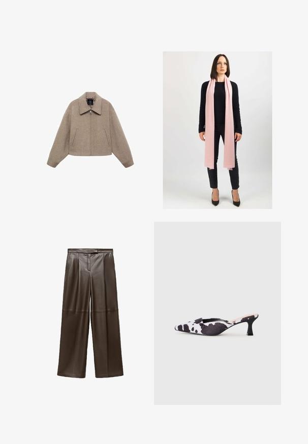 Avskuren, beige ulljacka med en stor krage, framdragkedja och två sidofickor; har en mjuk textur och en minimalistisk design.; Kortärmad stickad tröja i krämfärg, med ett brunt abstrakt mönster. Ribbad rund halsringning och ärmslut, mjuk textur och avslappnad passform.; Bruna läderbyxor med vida ben och en slät yta, med veck framtill och en klassisk midjebandsdesign.; Pekfingrade slingbackklackar i svart och vitt djurmönster. Överdel i tyg med en texturerad yta och en smal svart klack.; Ljusrosa scarf i mjukt material, löst hängande runt halsen. Bärs med en svart tröja och mörka byxor. Klackskor fulländar looken.