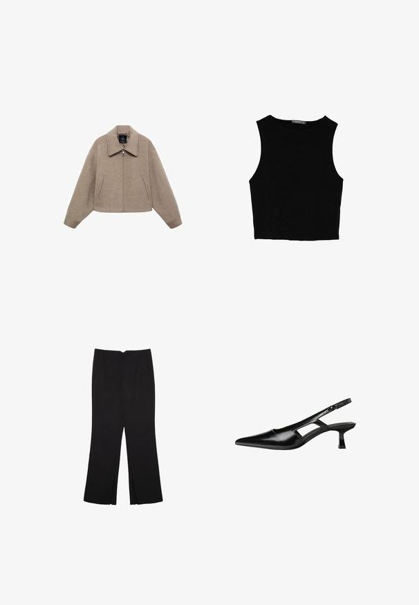 Zrezaná béžová vlnená bunda s veľkým golierom, predným zipsom a dvoma bočnými vreckami; má mäkkú textúru a minimalistický dizajn.; Čierny bezrukávový crop top vyrobený z hladkej tkaniny, so zaobleným výstrihom a čistým, jednoduchým dizajnom bez vzorov alebo kovania.; Čierne nohavice so strihom rovného strihu, s prednými vreckami a bočnými rozparkami na leme. Vyrobené z mäkkej, hladkej tkaniny. Vhodné na rôzne príležitosti.; Čierne lakované kožené lodičky na podpätku s špicatou špičkou, výrezovým dizajnom na boku a malým štvorcovým podpätkom. Hladký povrch s minimálnymi akcentmi.