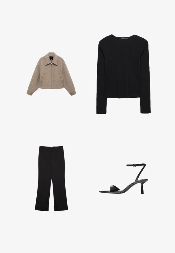 Skrócona, beżowa wełniana kurtka z dużym kołnierzem, przednim zamkiem błyskawicznym i dwoma bocznymi kieszeniami; wyróżnia się miękką fakturą i minimalistycznym designem.; Czarna bluzka z długim rękawem, wykonana z teksturowanej tkaniny. Posiada okrągły dekolt oraz krótki fason z dopasowanymi rękawami. Bez widocznych wzorów.; Czarne spodnie o prostym kroju, z przednimi kieszeniami i bocznymi rozcięciami na dole. Wykonane z miękkiego, gładkiego materiału. Odpowiednie na różne okazje.; Bershka - Sandały na obcasie