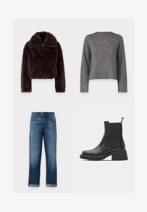 GAP CROPPED - Téli dzseki - brown; Szürke kötött pulóver hosszú ujjal, kerek nyakkivágással és laza szabással. Texturált anyag és rövidített hossz. Nincsenek további részletek.; Közepes kék mosású farmernadrág, egyenes szárú kialakítással, feltekert szárakkal és minimális kopással. Klasszikus öt zsebes stílus.; Fekete bőr bokacsizma elasztikus oldalsó panelekkel, kerek orral és vastag blokk sarokkal. Sima textúra, minimalista design.