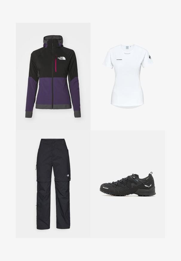 Huvtröja med svarta och lila färgblock. Tillverkad av lätt material med dragkedja fram och logotypdetalj på bröstet.; Kortärmad vit träningsskjorta med rund halsringning, försedd med en logotyp på bröstet och en slät, lätt tygkvalitet.; Svarta nylonbyxor med avtagbara ben, justerbara muddar, flera fickor och en logotyp på högra benet. Slät, lätt textur.; Svarta vandringsskor med ett texturerat tygöverdrag, snörningssystem och slitstark gummisula. Prydda med reflekterande detaljer och logotyper.