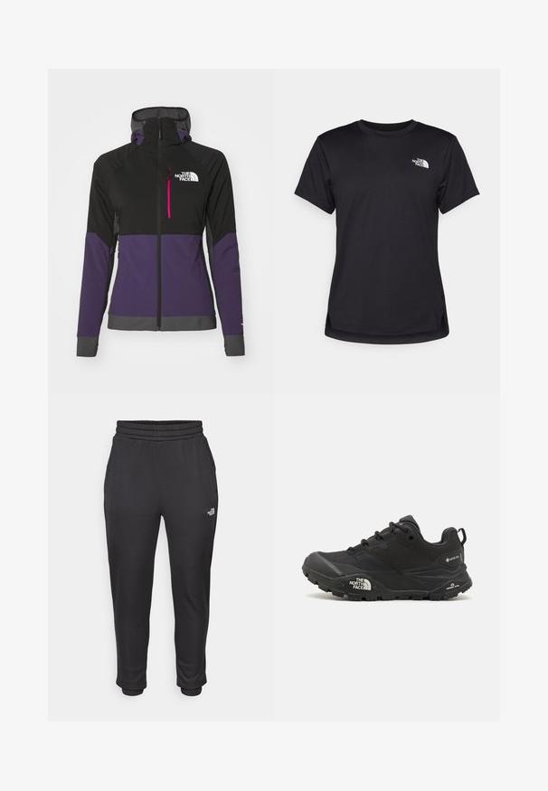 Hooded jacket featuring a black and purple color block design. Made of lightweight material with zippered front and logo detail on chest.; The North Face FLEX SHORT SLEEVES TEE - Sports T-shirt - black; Black sweatpants with an elastic waistband and cuffs, made from soft fabric, featuring side pockets and a logo on the left thigh.; Black hiking shoe with a textured upper, lace closure, and a chunky rubber sole featuring a prominent logo on the side and tread patterns.
