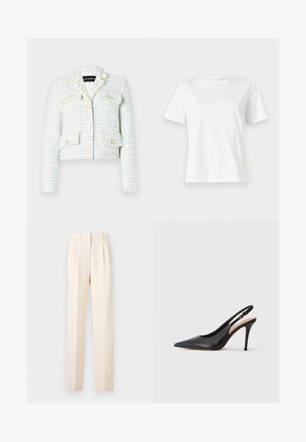 Ανοιχτό γαλάζιο σακάκι από tweed με κοντό σχέδιο, χρυσά κουμπιά και υφασμάτινο σχέδιο καρό. Διαθέτει παρα pockets και διακοσμητικό γιακά.; Λευκό βαμβακερό μπλουζάκι με κοντά μανίκια, στρογγυλή λαιμόκοψη και άνετη εφαρμογή. Λείο υφασμάτινο, χωρίς σχέδια ή αξεσουάρ, μινιμαλιστικός σχεδιασμός.; Μπεζ ραμμένα παντελόνια με πιέτες, διαθέτοντας ίσια γραμμή και λεία υφή. Η ζώνη είναι καθαρή χωρίς ορατές μεταλλικές λεπτομέρειες.; Μαύρο δερμάτινο παπούτσι τακουνιού slingback με μυτερή μύτη, λεία υφή και λεπτή λωρίδα με μεταλλικό κούμπωμα.
