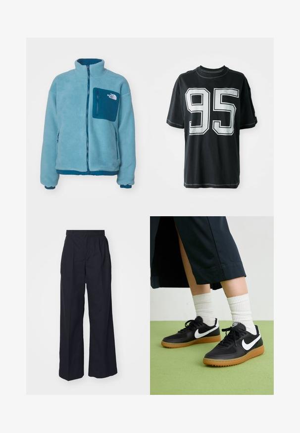 The North Face YUMIORI REVERSIBLE JACKET - Polárdzseki - midnight petrol/algae blue; Fekete pamut póló rövid ujjakkal, amelyen elöl a „95” szám fehér nyomattal látható, és a szélek mentén kontrasztos varrás található.; Sötét színű, magas derékú, bő szárú nadrág. Elöl pliszírozott, sima derékrésszel és övhurkokkal rendelkezik. Klasszikus dizájn.; Fekete bőr és szintetikus sneakers, fehér Nike logo-val, gumi talppal, kerek orral és fekete fűzővel. Csíkos fehér zokni látható.