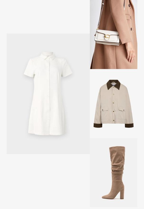 Noisy May NMNORA COLLAR JACKET - Ljetna jakna - silver; Kratke rukave, s gumbima zatvoren haljina od bijelog materijala. Ima ovratnik, lepršavi rub i dva bočna džepa. Glatka tekstura s klasičnim dizajnom.; Anna Field Čizme - beige; Bijela kožna torba na preklop s zlatnom kopčom, s izrađenim dizajnom, kontrastnim rubovima i tankim podešivim remenom.