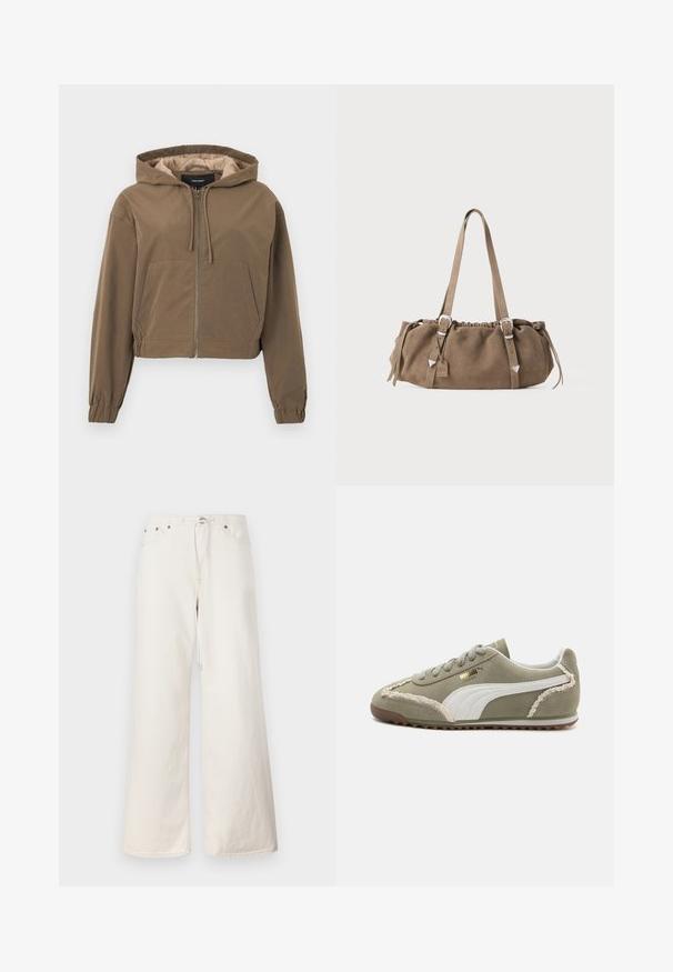 Felpa cropped marrone con zip frontale, cappuccio con cordoncino, polsini elasticizzati e tasca a marsupio. Tessuto liscio con finitura opaca.; Maglione beige a lavorazione a treccia con colletto rotondo, caratterizzato da motivi a diamante testurizzati e polsini e orlo a coste. Design accogliente e lavorazione spessa.; Pantaloni in denim bianchi a gamba larga con vita regolabile tramite cordoncino, tasche frontali e dettagli di cucitura discreti. Realizzati in robusto cotone.; Sneaker verde in suede con dettagli in pelle bianca, cuciture testurizzate, allacciatura frontale e suola in gomma. Presenta dettagli di design unici lungo i lati.; Borsa in suede marrone con parte superiore arricciata, dettagli in metallo argentato e due manici. Presenta una forma rettangolare e un design minimal.