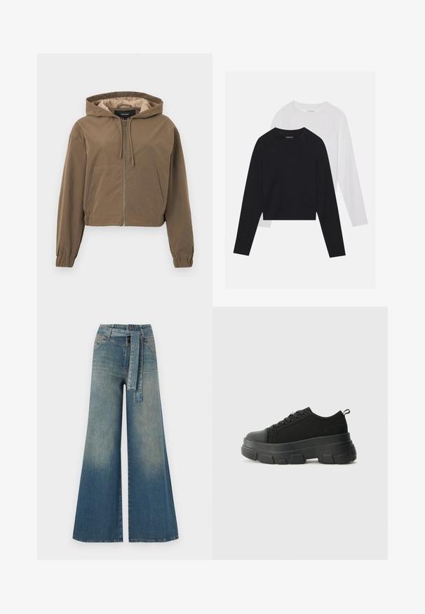 Rudas sutrumpintas džemperis su priekine užtrauktuku, kapučinu su raišteliu, elastinėmis rankovėmis ir kengūrinėmis kišenėmis. Sklandus audinys su matinio paviršiumi.; Du dušo ilgomis rankovėmis marškiniai: vieni juodi, kiti balti. Abu marškiniai turi apvalų iškirpimą, raglan tipo rankoves ir minkštą medvilnės mišinio audinį.; Platus džinsinis kelnes su šviesiai tamsiai mėlynu gradientu, aukštu juosmeniu, diržo kilpomis ir atitinkančiu audinio diržu. Textūruotas džinsinis paviršius.; Juodos sportinės bateliai su stambiu guminiais padu, tekstūrizuotu audinio viršumi, apvaliu pirštu ir raištelių uždarymu. Yra sutvirtinti akių angos ir nugaros kilputė.