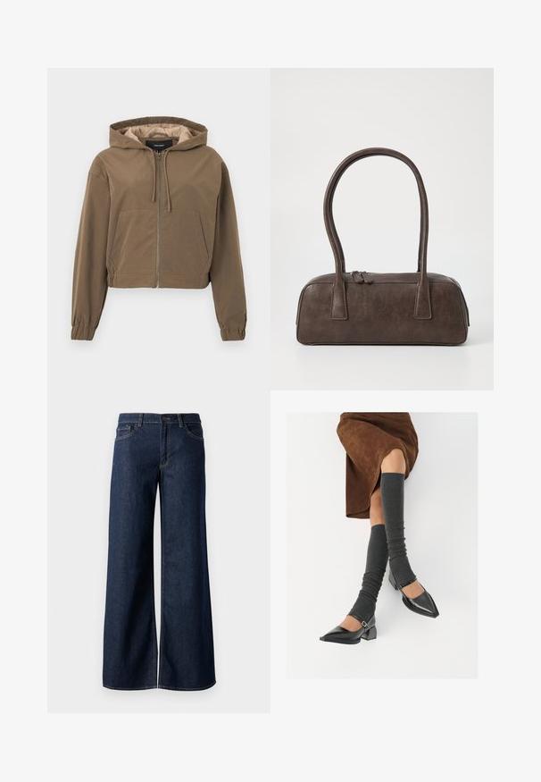 Καφέ cropped hoodie με μπροστινό φερμουάρ, κουκούλα με κορδόνι, ελαστικές μανσέτες και τσέπη καγκουρό. Λείο ύφασμα με ματ φινίρισμα.; Μαύρο fitted μπλουζάκι με μακριά μανίκια και τετράγωνη λαιμόκοψη, με ετικέτα GAP, εμφανίζεται σε λευκό φόντο.; Φαρδιά τζιν παντελόνια σε σκούρο μπλε τζιν. Διαθέτουν αντίθεση στη ραφή, πέντε τσέπες και κλείσιμο με κουμπί στη μέση. Λείο υλικό.; Μαύρες πατεν leather γόβες με αιχμηρή μύτη, τετράγωνη φτέρνα και λουράκι αστραγάλου, συνδυασμένες με γκρι ριγέ ζεστά ποδιές και καφέ σουέντ φούστα.; Καφέ δερμάτινη τσάντα χειρός με δύο ανθεκτικά χερούλια, ορθογώνιο σχήμα, λεία υφή και κλείσιμο με φερμουάρ. Μινιμαλιστικός σχεδιασμός χωρίς ορατά μοτίβα.