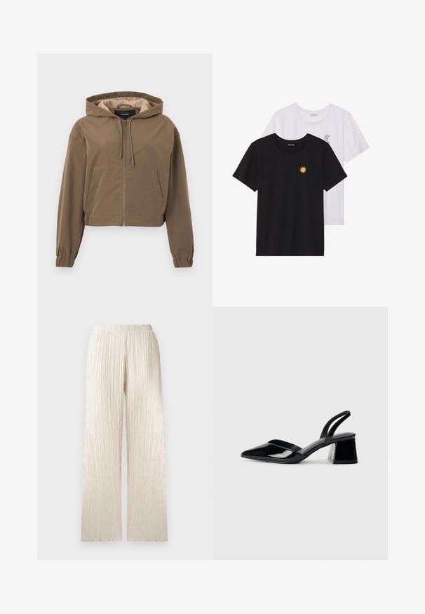 Pruun lühike kapuutsiga pusakas, millel on eesne lukk, rakmed kapuutsis, elastsed mansetid ja känguru taskud. Silmadega kangas, millel on matt viimistlus.; Mustvalged ja valged T-särgid, ümar kaelus, lühikesed varrukad. Must särgile on tikitud kollane päike; valgel särgil on lillakate poolkuu aktsent.; Kreemikarva laiad püksid tekstuuriga, volditud disainiga ja elastse vöökohaga. Sirge lõige pehme ja voolava välimusega.; Mustad musta lakknahk kingad, millel on terav varvas ja geomeetriline plokkkonts. Omab elegantselt minimalistlikku disaini ja sujuvat tekstuuri.