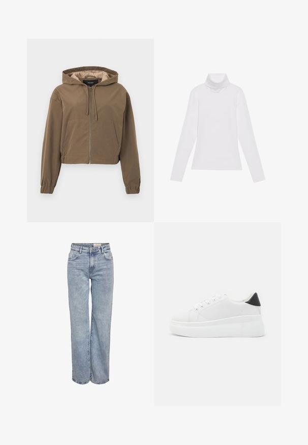 Felpa cropped marrone con zip frontale, cappuccio con cordoncino, polsini elasticizzati e tasca a marsupio. Tessuto liscio con finitura opaca.; Maglia a maniche lunghe bianca a collo alto realizzata in tessuto morbido ed elastico. Presenta un colletto alto e un design aderente, senza motivi o decorazioni visibili.; Jeans a gamba larga di colore azzurro chiaro realizzati in denim, con vita alta, design a cinque tasche e leggera scoloritura per un aspetto vissuto.; Sneakers platform bianchi realizzati in materiale sintetico liscio, con punta arrotondata, design con lacci e suola in gomma texture. Accento nero nel tallone.