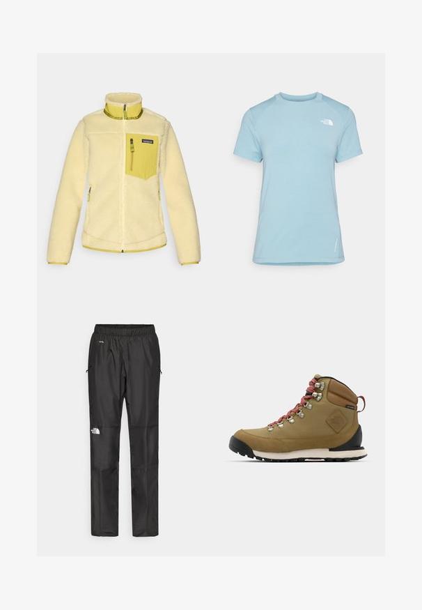 Gul fleecejakke med høy krage, glidelåslukking foran og brystlomme. Har en myk tekstur og kontrasterende lysegule detaljer.; Lys blå kortermet t-skjorte med rund hals. Har myk stoff, raglanermer og en hvit logo på øvre venstre bryst.; Sorte vanntette bukser laget av lettvektig stoff, med elastisk midjebånd, sidelommer og en logo på venstre ben.; Brune tursko med røde snørebånd, metalløyer, lærdetaljer og gummisåle. Har en rund tå og polstret krage.