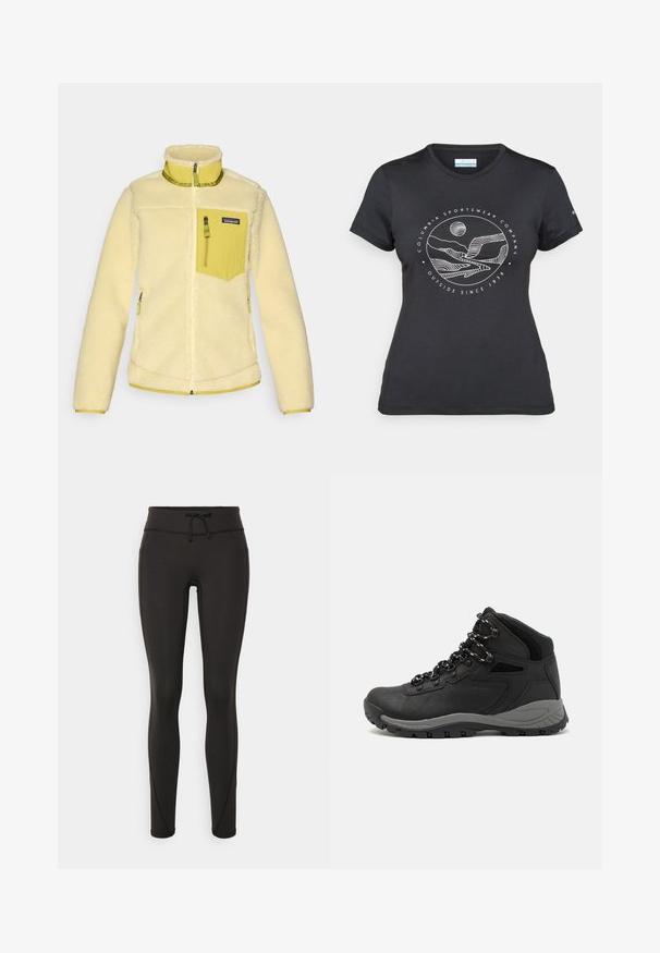 Geltonas fliso švarkas su aukštu apykakle, užtrauktuku priekyje ir krūtinės kišene. Jis turi minkštą tekstūrą ir kontrastingas šviesiai geltonas detales.; Juodas "Columbia" marškinėliai su balta apskrita kalnų ir upės linijų grafika bei tekstu "Columbia Sportswear Company Lauke nuo 1938 metų."; Juodi leggingai su aukšta juosmeniu, raišteliu, lygiu paviršiumi ir prigludusia forma. Yra siuvimo detalės šonuose.; Juodas žygio botas su vidutinio aukščio dizainu, pasižymintis tekstūruota viršutine dalimi, pilkų akcentų ir patvaria guma padanga su sukibimo gumbais.