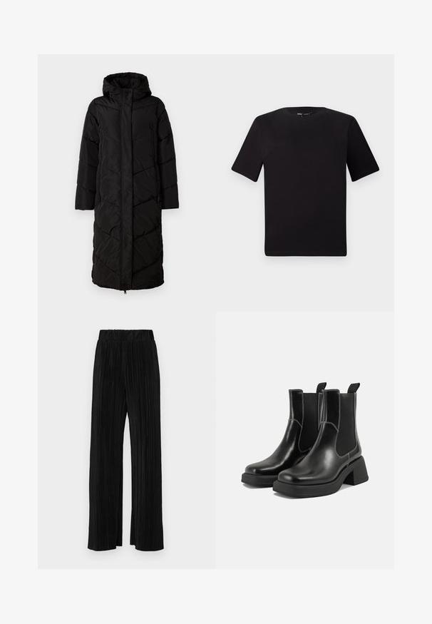 Cappotto lungo e voluminosa nera con cappuccio, caratterizzato da un motivo a righe oblique, zip frontale e due tasche laterali. Materiale liscio e leggero.; T-shirt nera a maniche corte con scollatura rotonda, realizzata in morbido cotone. Design semplice, senza loghi o motivi visibili.; Pantaloni neri a plissé con vita elasticizzata. Presentano gamba ampia e un tessuto liscio e texture con strisce verticali.; Stivali Chelsea in pelle nera con tacco spesso, pannelli elasticizzati sui lati e cuciture bianche a contrasto. Finitura testurizzata.