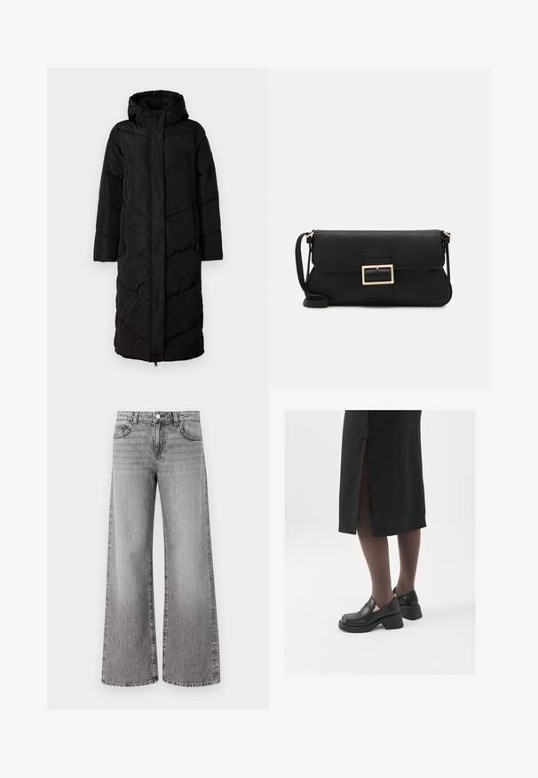 Black long puffy coat with a hood, featuring diagonal quilted pattern, front zipper, and two side pockets. Smooth, lightweight material.; White sleeveless tank top made of ribbed fabric, featuring a rounded neckline and a fitted silhouette, with minimal seams and no embellishments.; Wide-leg jeans made of grey denim with a faded finish. Features classic pockets and a button closure at the waist.; Black leather shoes with a rounded toe, thick block heel, and elastic side accents, paired with dark tights and a black skirt with a slit.; Black leather clutch bag with a flap and a gold metal buckle detail. Includes a black strap and a sleek, minimalist design.; Silver hoop earrings with a twisted design, featuring a polished finish and post-back closure. Measure approximately 3 cm in diameter.