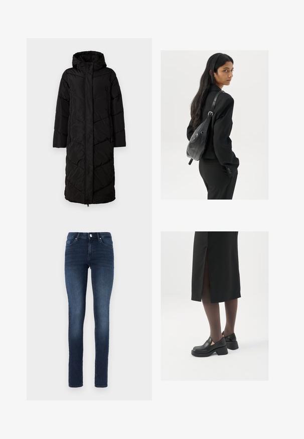 Melnas garas pūkainas mēteles ar kapuci, ar diagonālu sadrukāšanas rakstu, priekšējo rāvējslēdzēju un divām sānu kabatām. Gluda, viegla materiāla.; Balta bezpiedurkņu topiņš no ribotā auduma, ar noapaļotu kakla izgriezumu un pieguļošu siluetu, ar minimālām šuvēm un bez rotājumiem.; Tumši zili skinny džinsi, izgatavoti no denima, ar klasisku piecu kabatu dizainu, pogu aizdari un nelielu izbalējumu uz augšstilbiem.; Melni ādas apavi ar noapaļotu purngalu, biezām bloku papēžiem un elastīgiem sānu akcentiem, apvienoti ar tumšām zeķubiksēm un melnu svārku ar šķirbu.; Sieviete ar garām tumšām matiem, ģērbusies melnā uzvalkā, nēsā melnu ādas plecu somu un skatās pāri plecam uz balta fona.