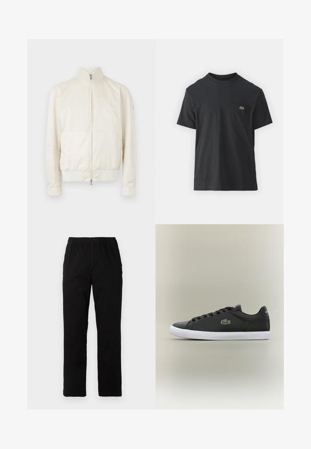 Svijetlosmeđi bomber jakna s visokim ovratnikom, zatvaranjem na zatvarač, dva bočna džepa i suptilnim teksturiranim uzorkom. S rebrastim manžetama i rubom.; Crna pamučna majica s kratkim rukavima, okruglim izrezom i malim zelenim logotipom na lijevoj strani džepa. Jednostavan dizajn, regularni kroj.; Crne hlače od pamuka s dodatkom, ravnog kroja, s elastičnim pojasom i dugmetom, bez vidljivih uzoraka ili ukrasa.; Crne kožne tenisice s bijelim gumenim potplatom, s zelenim krokodilom kao logotipom i okruglim vezicama, elegantnog dizajna s glatkom teksturom.